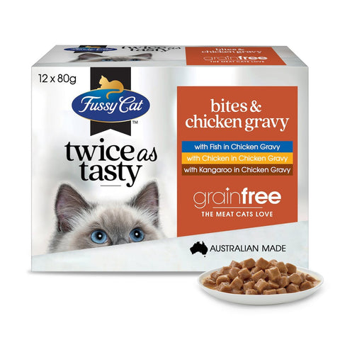 Fussy Cat - Twice as Tasty Bites & Chicken Gravy 袋裝貓濕糧 80g x 12 內含三款口味