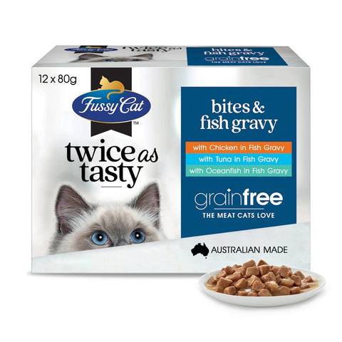 Fussy Cat - Twice as Tasty Bites & Fish Gravy 袋裝貓濕糧 80g x 12 內含三款口味