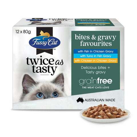Fussy Cat - Twice as Tasty Bites & Gravy Favourites 袋裝貓濕糧 80g x 12 內含三款口味