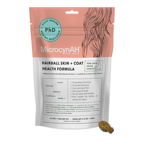 MicrocynAH PhD Cat Treats - Hairball Skin + Coat Health Formula 60'S